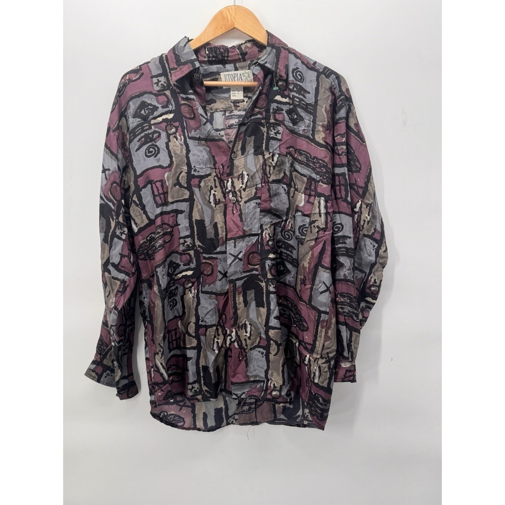VTG UTOPIA Mens 100% Silk Long Sleeve Button Down Geometric Shirt Small purple
